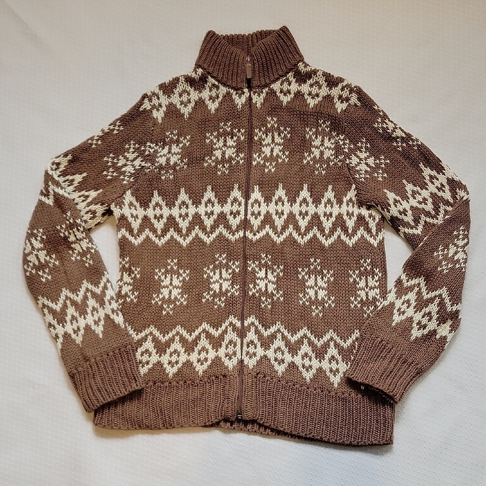 New York & Company Brown & White Chunky Knit Snowflake Full Zip Cardigan Sweater